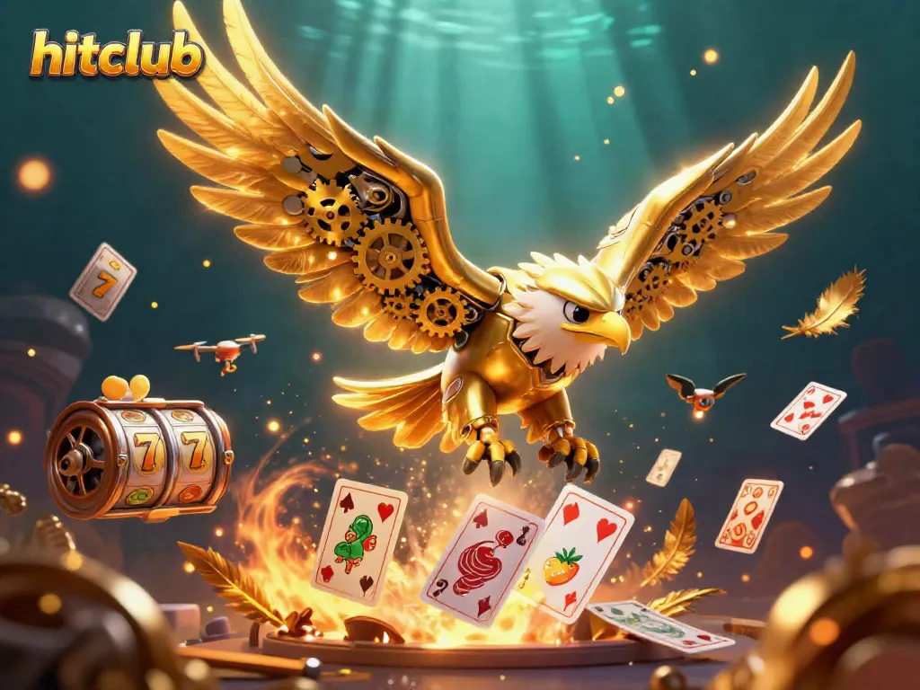 Experience the excitement of hitclub with the cybernetic golden eagle amidst vibrant casino symbols.
