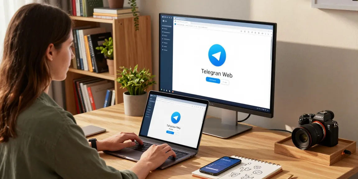 Engaging with Telegram Web Version on a modern laptop in a cozy home office.