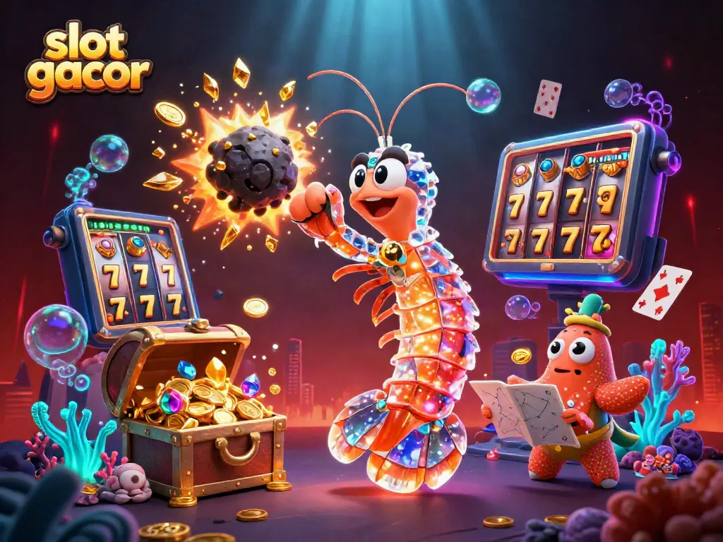 Engage with slot gacor features showing vibrant gold coins and slot reels in a thrilling underwater scene