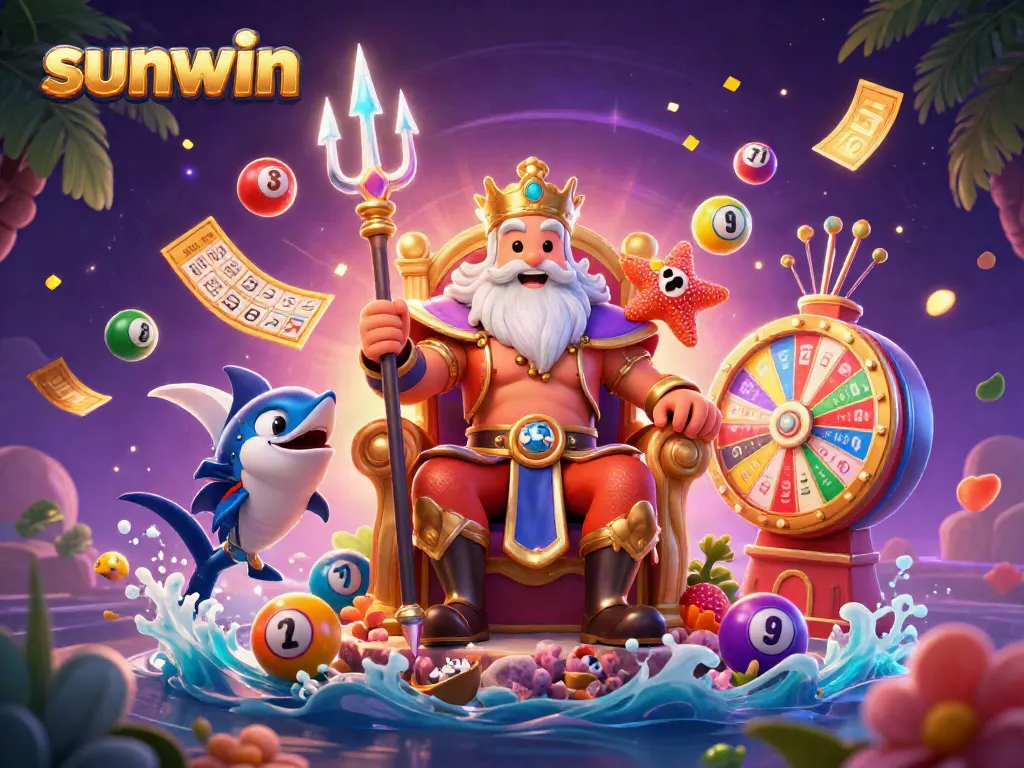 Experience thrilling casino action with Sunwin's vibrant illustration of Neptune, lottery elements, and gaming excitement.