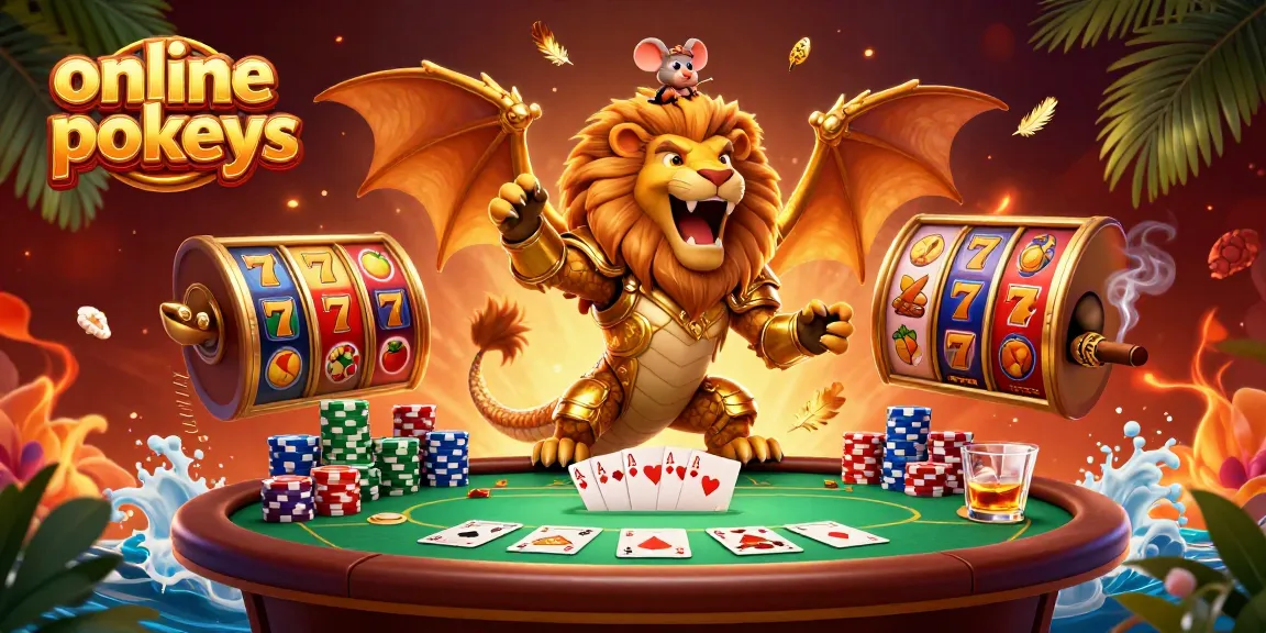 Experience exciting online pokies action with golden chimera and mouse atop vibrant slot reels and rich casino elements.