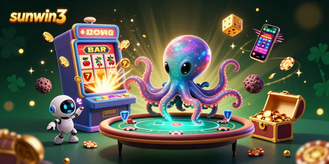 Experience thrilling gameplay at sunwin3 with an 3D alien octopus dealing holographic poker amidst jackpot excitement.