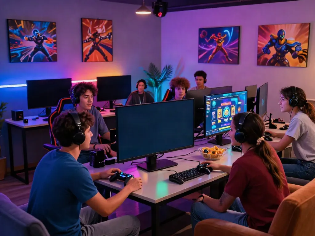 Friends enjoying an exciting night watching rokok88 slot games in a modern gaming lounge.
