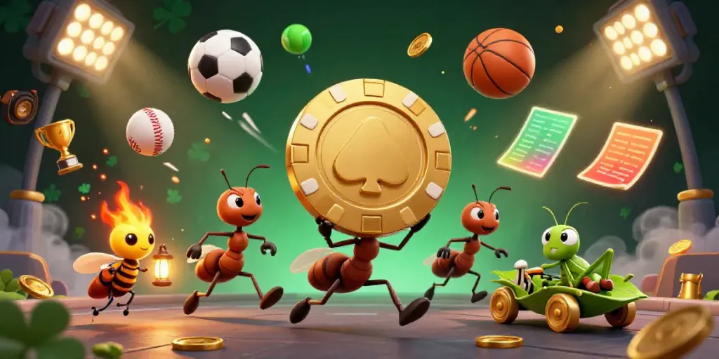Engaging febet game illustration featuring a team of ants executing a heist with a golden poker chip amidst sports elements.