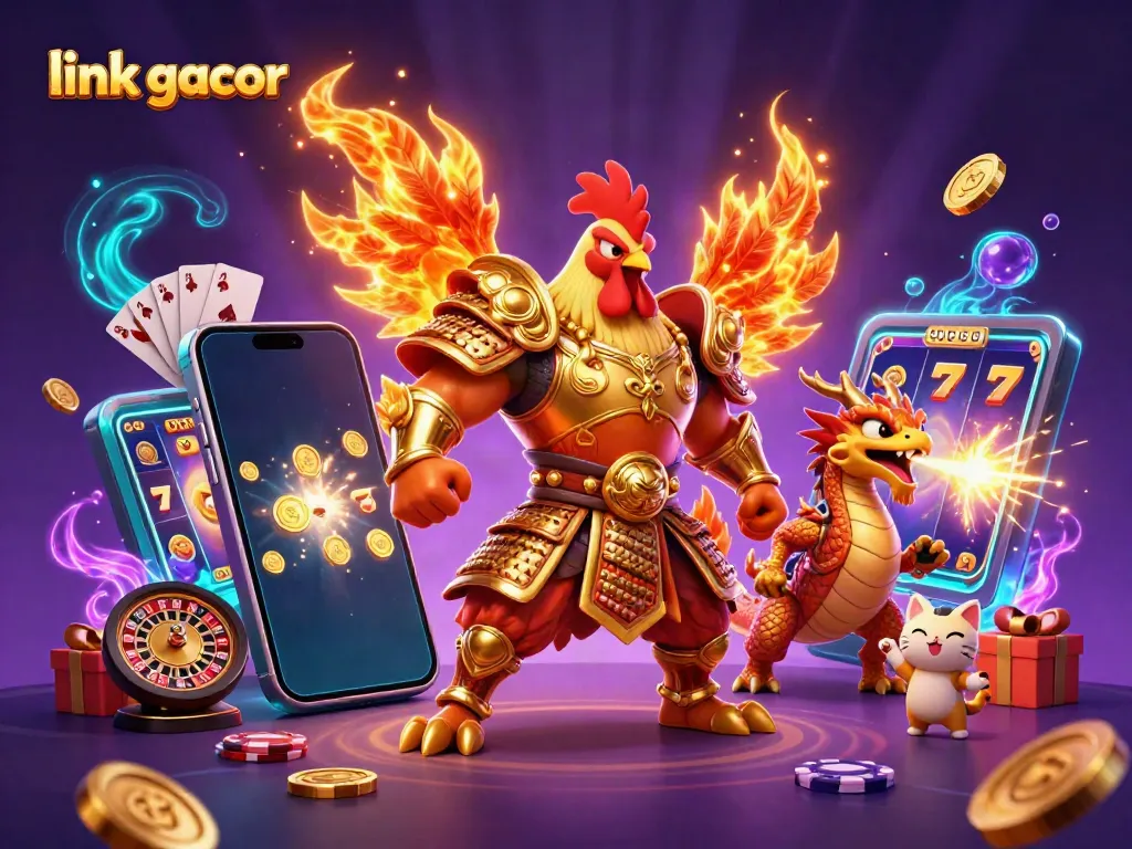 Experience the thrill with link gacor, showcasing a dynamic scene of a rooster warrior and dragon amid slot game excitement.