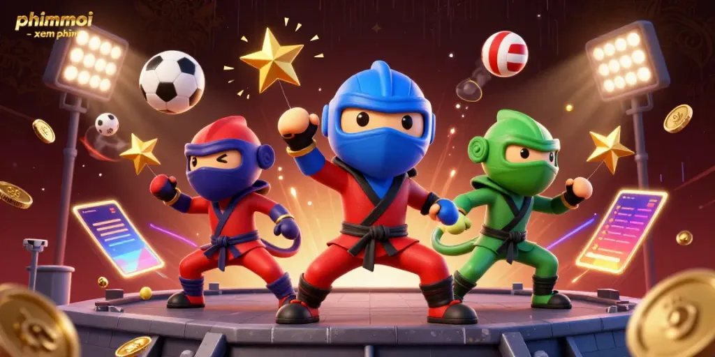 A dynamic casino scene featuring the keyword phimmoi - xem phim, showcasing colorful chameleon ninjas among sports betting elements and vibrant visual energy.