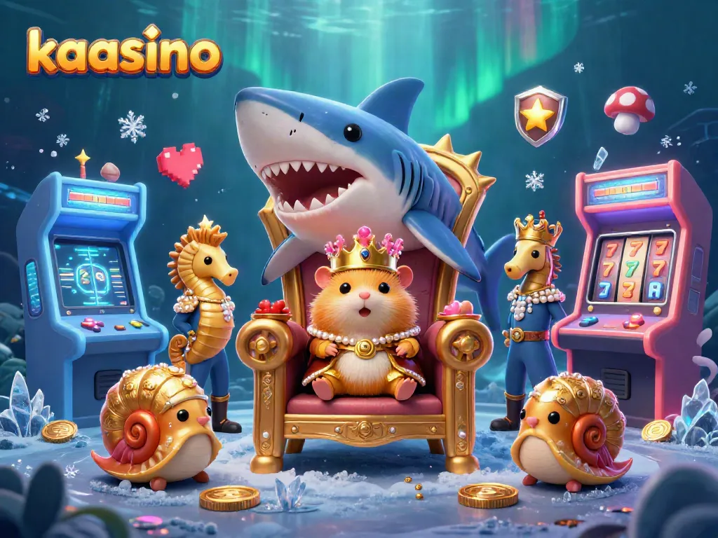 Kaasino's vibrant underwater casino scene with a golden hamster king and colorful arcade games symbolize gaming excitement.