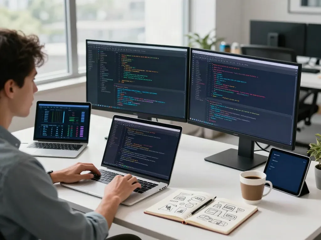 AI visibility tracking pricing in a modern tech workspace with a developer coding.