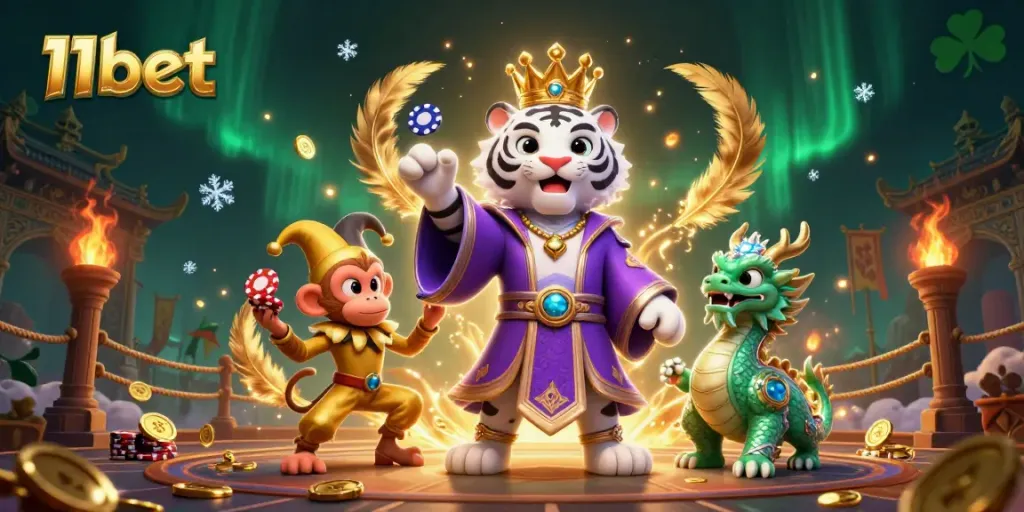 Experience the excitement of 11bet with a vibrant 3D casino scene featuring unique characters and dynamic effects.